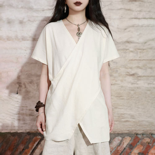 交叉领飞袖针织棉v领T恤