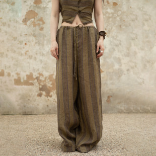 条纹亚麻阔腿裤 子 抽绳腰休闲裤 裤 InchLim 宽松长裤 垂坠感拉满