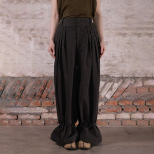 休闲裤 裤 褶饰腰头拖地长裤 纯棉宽松阔腿裤 InchLim 脚可收