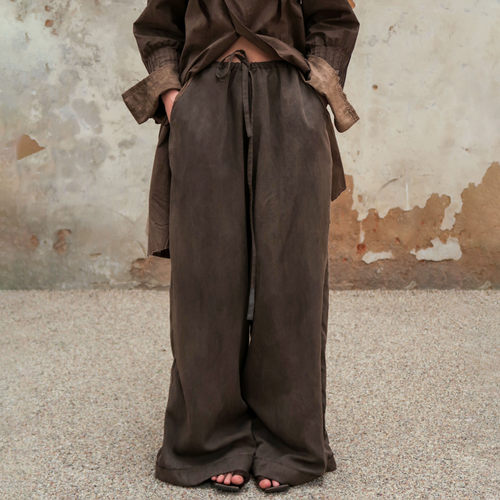 天丝亚麻裤植物染抽绳阔腿裤