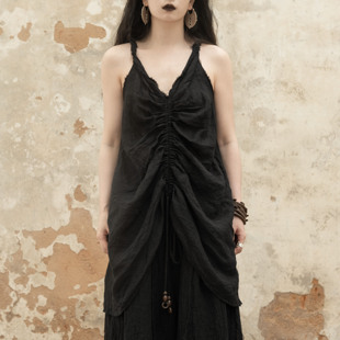 吊带上衣InchLim 扭结肩带V领中长款 暗黑 高支亚麻抽褶背心