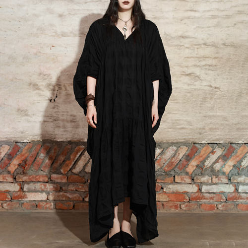 格纹气球廓形褶皱连衣裙