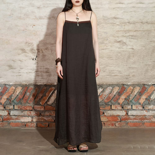 开叉直筒长裙吊带叠穿连衣裙