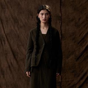 古布肌理~榉树绿工匠感麻棉混纺无领收腰连肩外套 InchLim