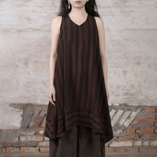 铜氨丝条纹背心连衣裙