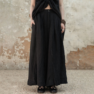 松紧腰亚麻裤 腿阔腿裤 皱褶长裤 休闲裤 InchLim 似半裙 宽松裙裤 大裤