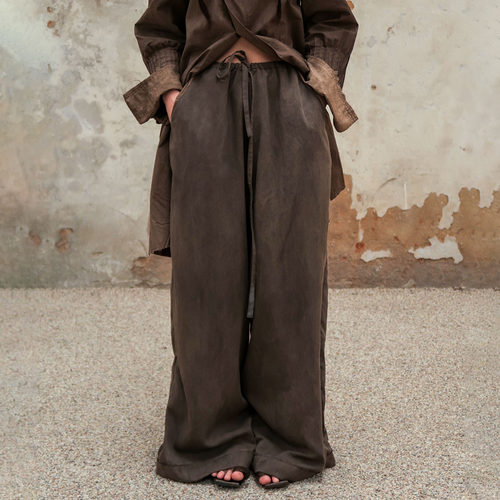 天丝亚麻裤植物染抽绳阔腿裤