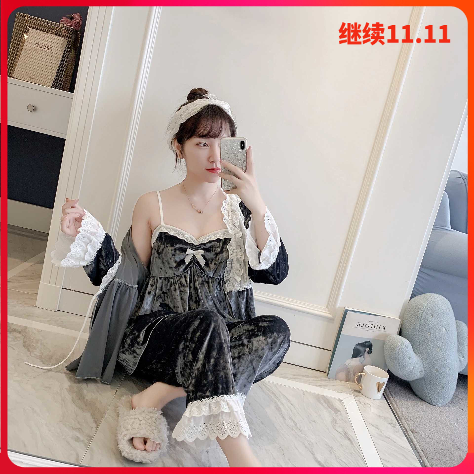 金丝绒睡衣女春秋三件套装蕾丝公主风长袖薄款少女性感家居服秋冬