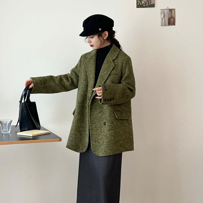 绿色双面羊毛大衣女短款2024新款秋韩系宽松版气质西装毛呢子外套