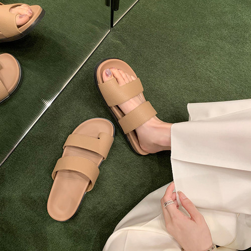 踩屎感~row风套趾厚底拖鞋女夏外穿真皮一字带女式凉拖夹趾凉鞋子
