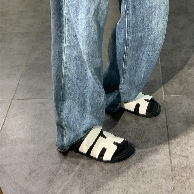 【限时78】二舅h拖鞋女夏季外穿真皮厚底魔术贴平底女式凉拖鞋子