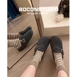 勃肯鞋加绒女秋冬毛毛鞋外穿东北棉鞋雪地靴厚底博肯鞋灰色半拖鞋