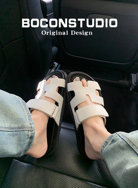 【限时78】二舅拖鞋女夏季外穿真皮厚底魔术贴平底女式凉拖鞋子