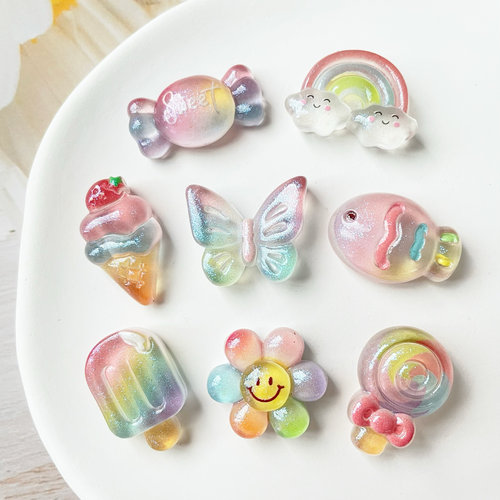 透色珠光细闪甜筒蝴蝶彩虹糖果diy迷你配件卡通树脂手工发夹贴片
