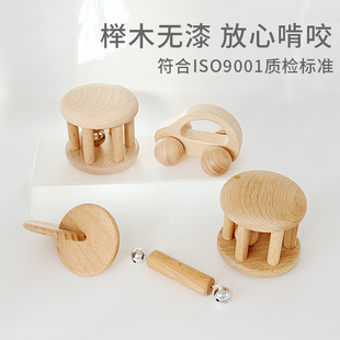 新生儿满月手摇铃宝宝早教蒙氏安抚木制玩具拨浪鼓榉木可啃咬