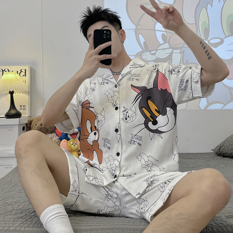男睡衣夏季短袖夏天薄款青少年卡通可爱加肥加大码男式家居服套装