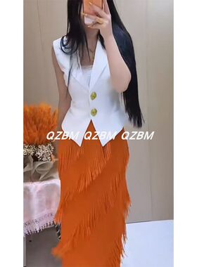 2026淑女风V领马甲流苏半身裙