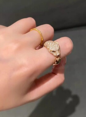 卡家豹头纯银镀18K玫瑰金戒指猎豹镶钻对戒宽版豹子轻奢ins风高级