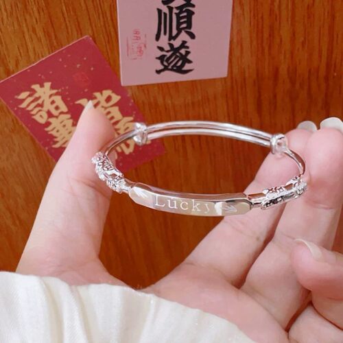 足银999浮雕花丝银手镯女纯银亮面Lucky手环国风气质百搭女友礼物