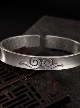 S999纯银复古做旧哑光祥云花纹云朵百搭男女士开口情侣手镯手环女