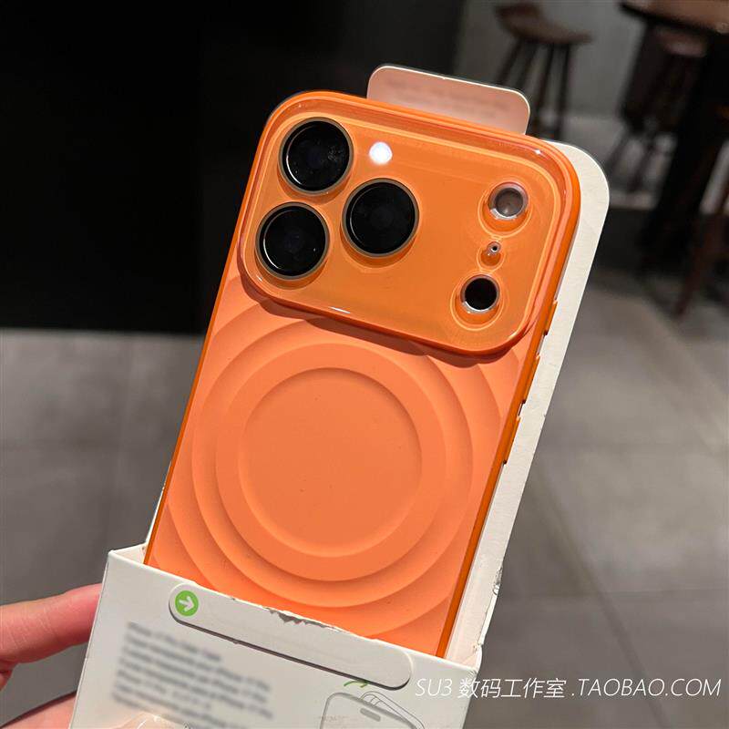 橙色波漾纹磁吸适用iPhone16苹果17promax手机壳15pro水晶玻璃全包镜头16液态硅胶软壳高级感防摔纯色magsafe