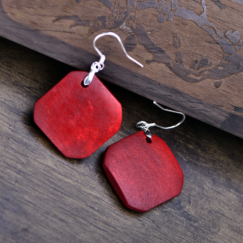 耳环999纯银木头菱形简约防过敏