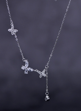 999纯银足银项链镶钻蝴蝶结吊坠气质优雅精美时尚百搭生动防过敏