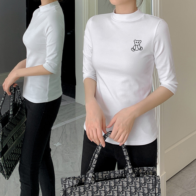 欧洲站白色打底衫女2025新款小熊半高领中袖修身七分袖T恤上衣女