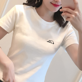 刺绣小象纯棉上衣设计感小众内搭打底衫 潮 T恤女修身 正肩磨毛短袖