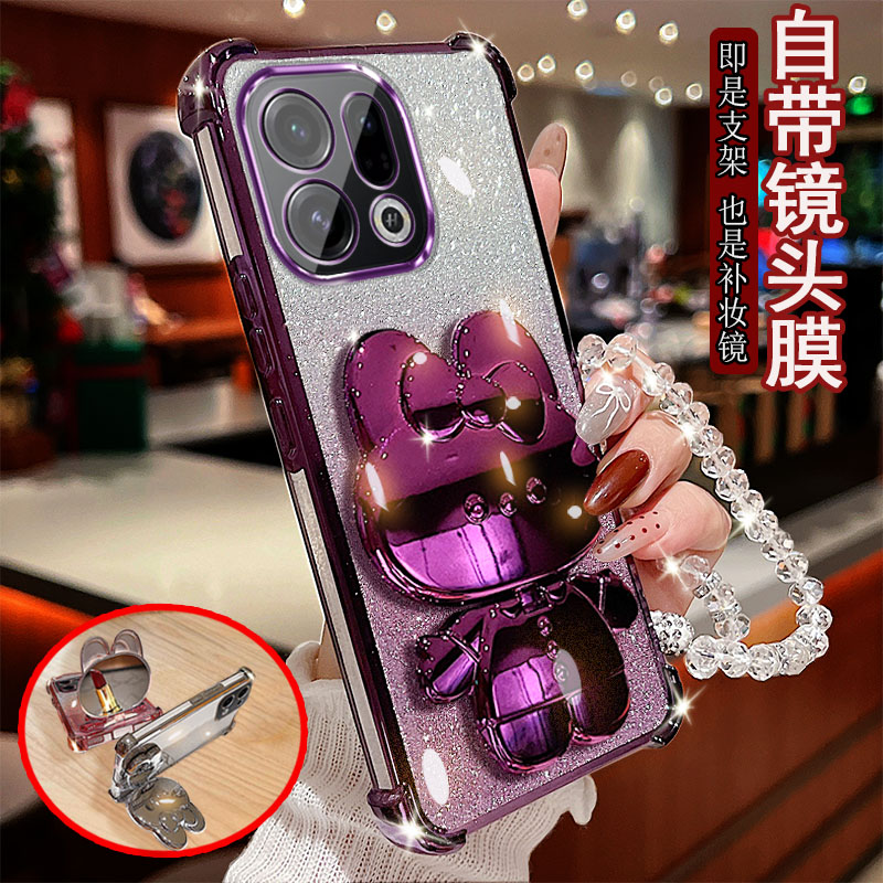 适用于oppo findx9/findx9pro手机壳PLJ110/PLG110兔子支架镜子四角镶钻气囊防摔套镜头全包网红女款时尚潮流
