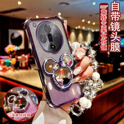 适用于oppo findx7ultra手机壳PHY110镶钻米奇旋转支架镜子防摔保护套镜头全包边女款时尚风新款潮流四角加厚