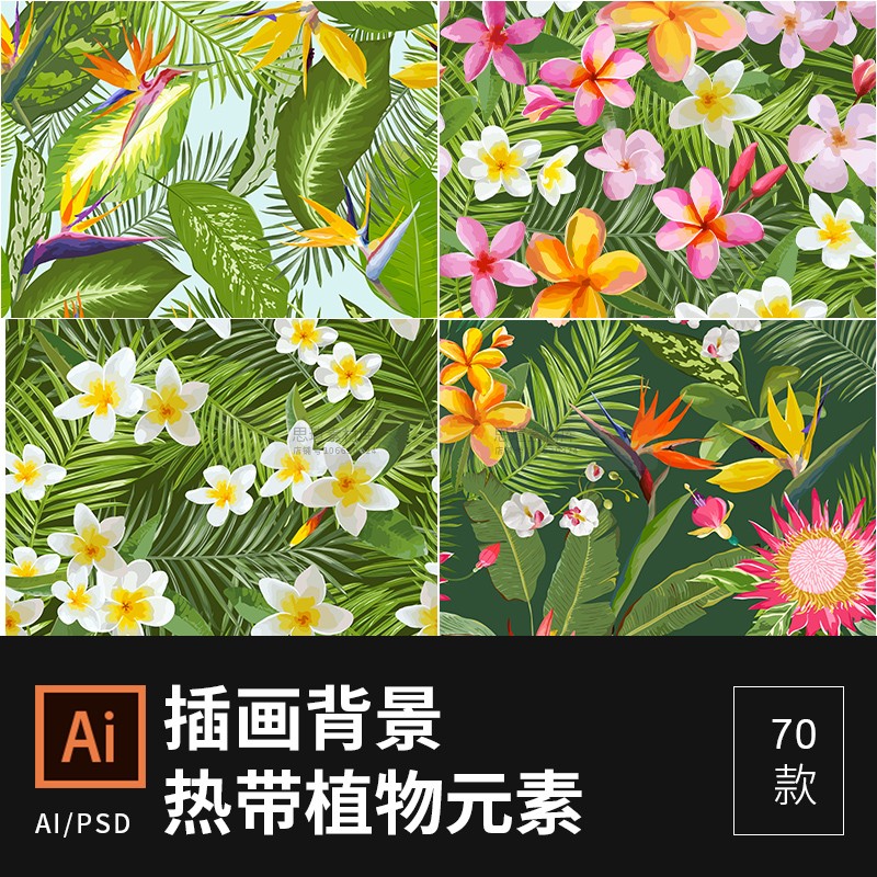 热带植物花朵叶子品包装背景ai矢量图案元素02ps平面设计素材561