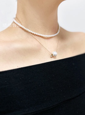 天然akoya小米珍珠近圆叠戴路路通气质锁骨女款项链防褪色经典款