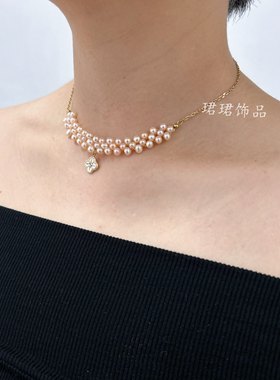 新饰品天然橘粉色珍珠遮甲状腺术后疤痕女士锁骨颈链防褪色过敏赞