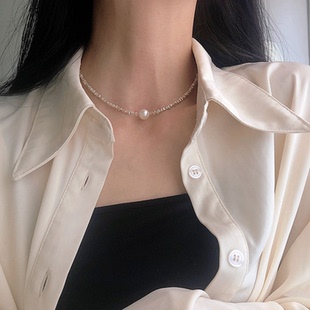 个性 潮流不过敏 简约时尚 新饰品天然珍珠碎银子3mm粗锁骨颈链女款