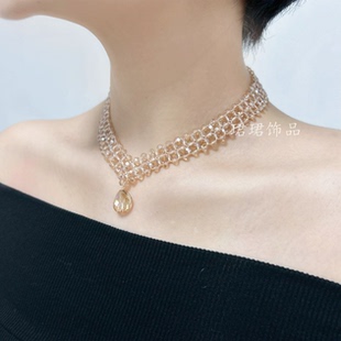 甲状腺术后遮挡疤痕香槟水晶V字多层女款 锁骨项链原创设计纯手工