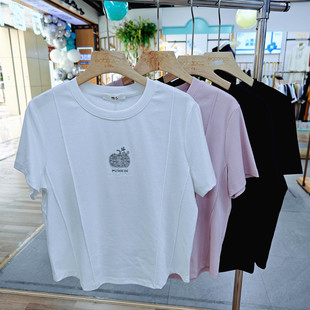 香衣雅帛2026女士夏新款 T恤南瓜烫钻印花 6822圆领纯色莱卡棉短袖