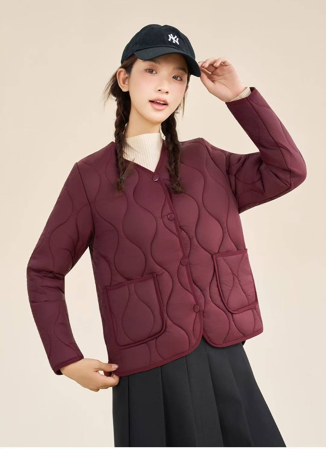 2025秋冬新款女士V领轻羊毛热感气绒衣时尚百搭保暖棉服棉袄8803