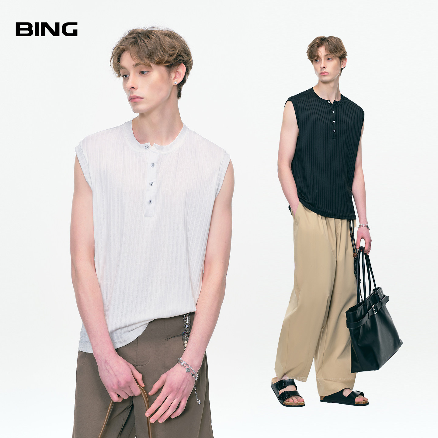 BING 肌理背心男士夏季新款清凉亨利领显瘦海边度假风百搭无袖t恤