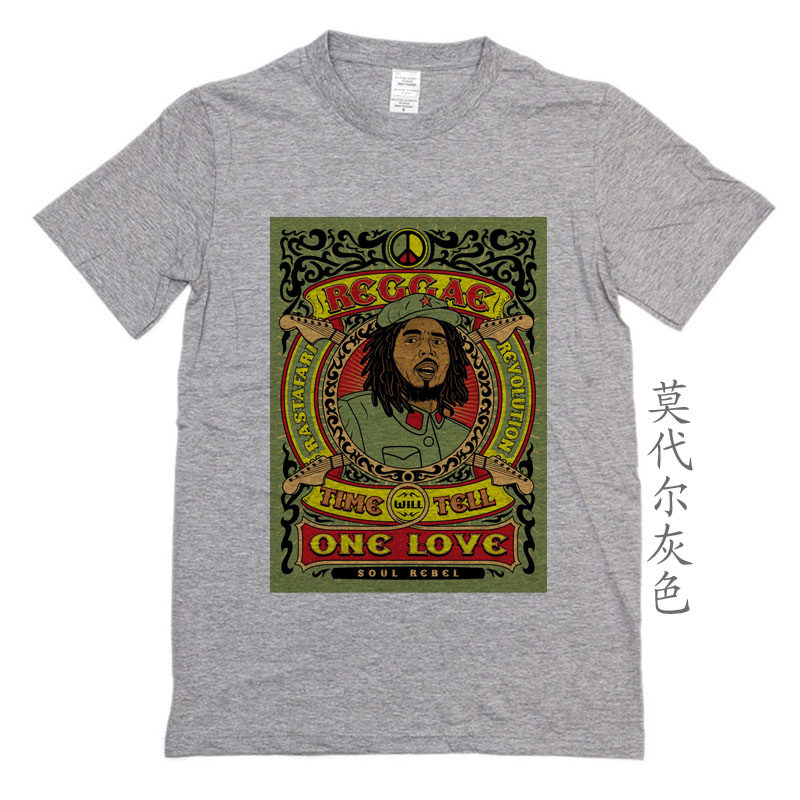 bob marley 鲍勃马利 雷鬼复古数码印花短袖圆领撞色插肩宽松t恤