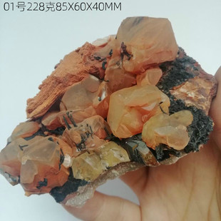 天然红色方解石共生针铁矿 1 原石晶体N74矿标 摆件 Calcite 大冶