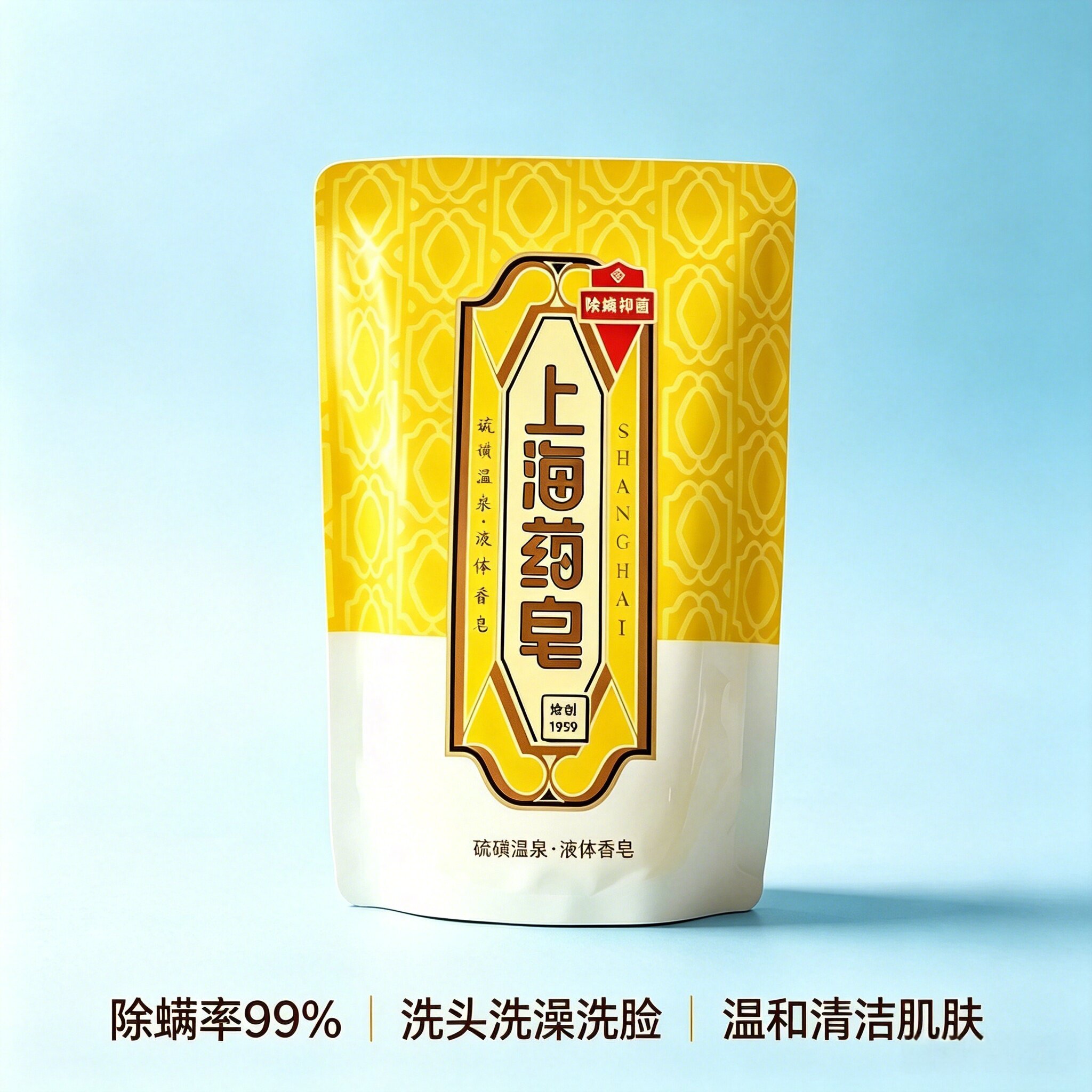 上海药皂硫磺皂液体香皂沐浴露除螨洁净三合一家用袋装补充液图片