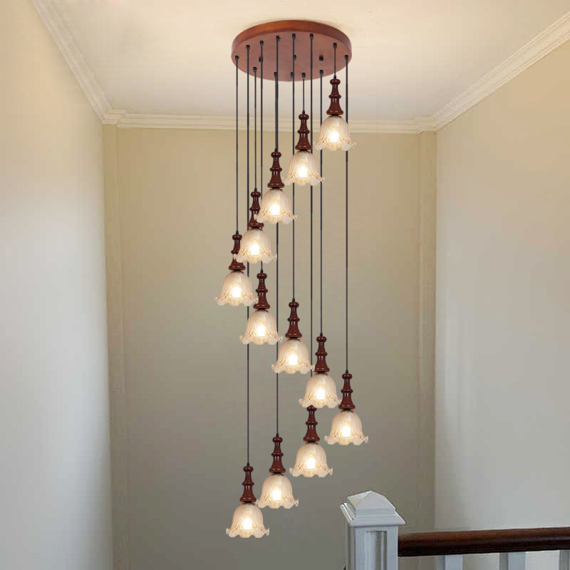 新款中古风楼梯吊灯长线木艺吊灯