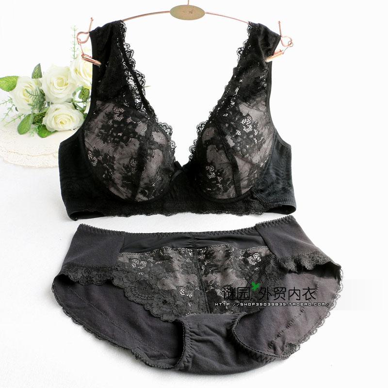 韩国软杯侧收黑色蕾丝文胸套装