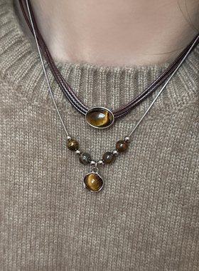 双层叠戴虎眼石吊坠皮绳锁骨链