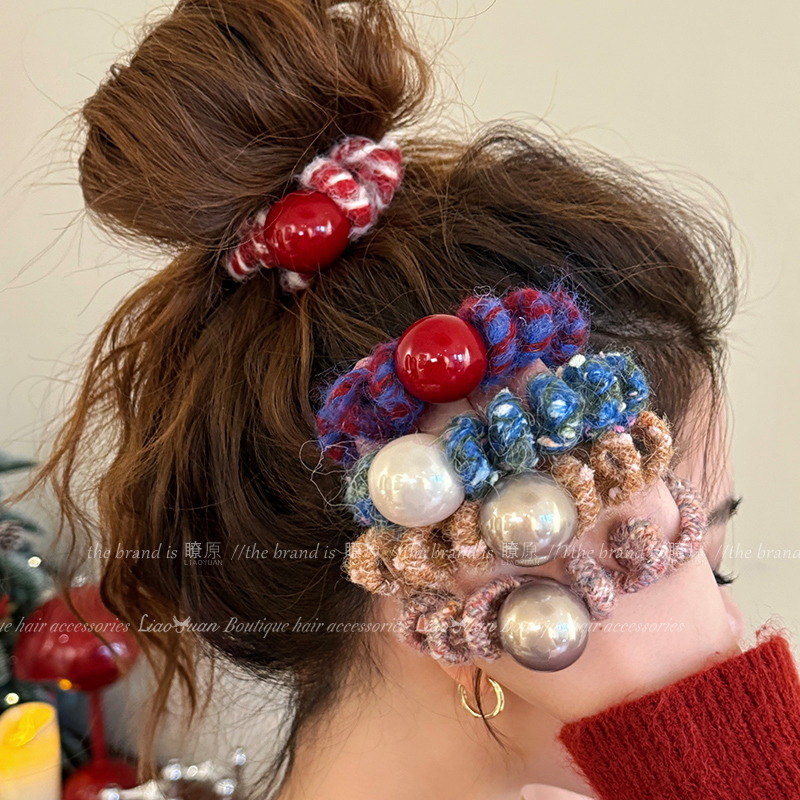秋冬可爱毛线电话线发圈珍珠头绳