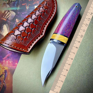 一体锻造锻造马赛克铜钱纹大马士革钢小直刀猛犸臼齿牙M390手工刀