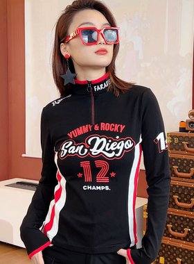 KM80004长袖印花立领拉链T恤打底衫