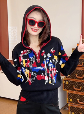 KM80065秋冬时尚毛衣连帽套头针织衫