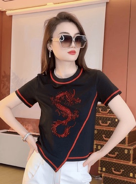 黑色印花正肩短袖t恤女夏夏季2025新款修身显瘦潮牌纯棉上衣